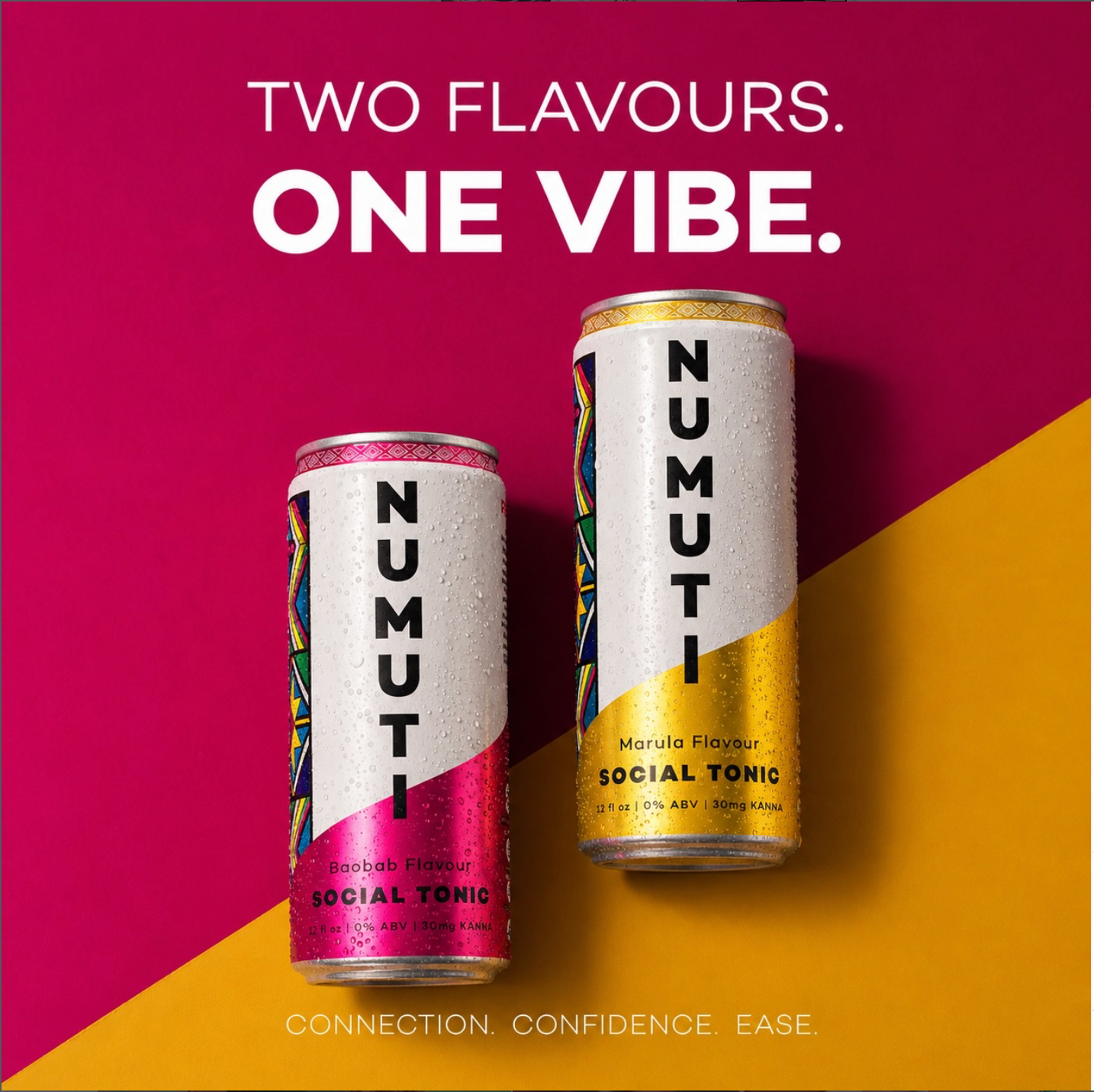 Baobab and Marula cans on a pink and gold background, Two Flavors. One Vibe.