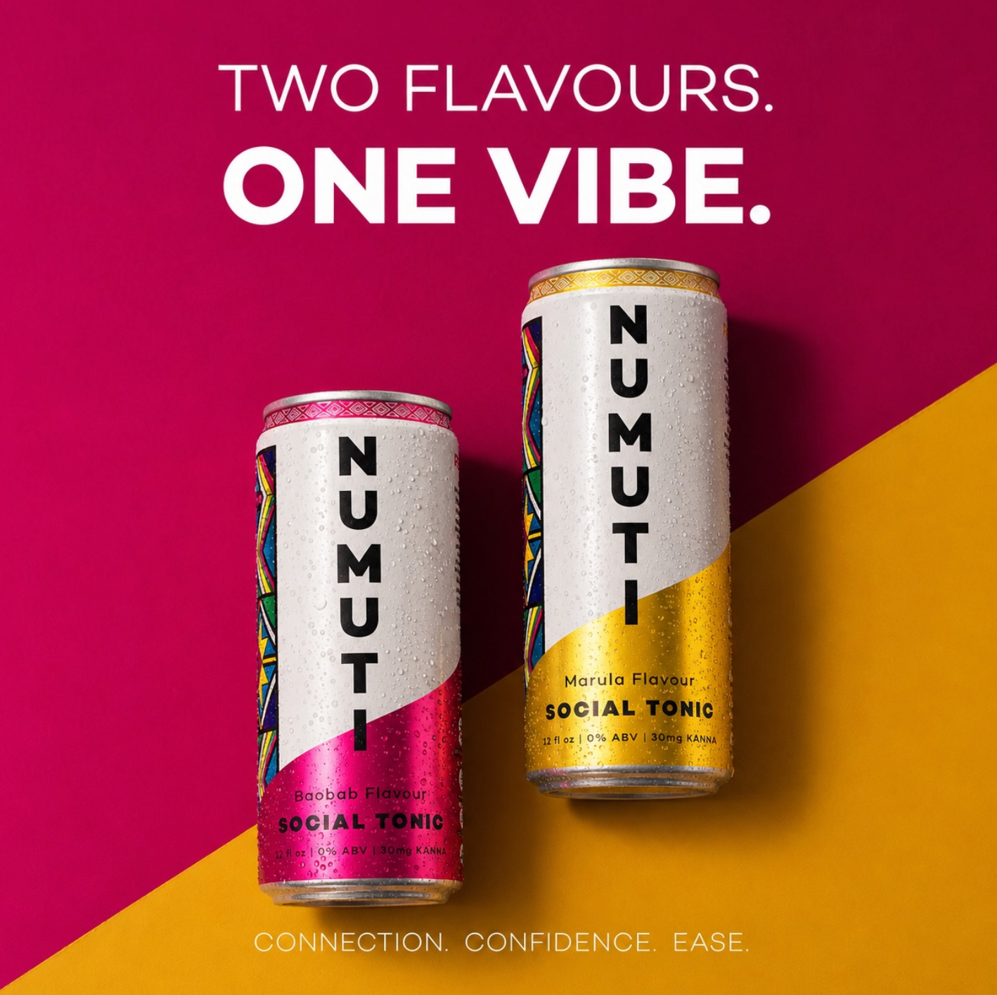 Baobab and Marula cans on a pink and gold background, Two Flavors. One Vibe.