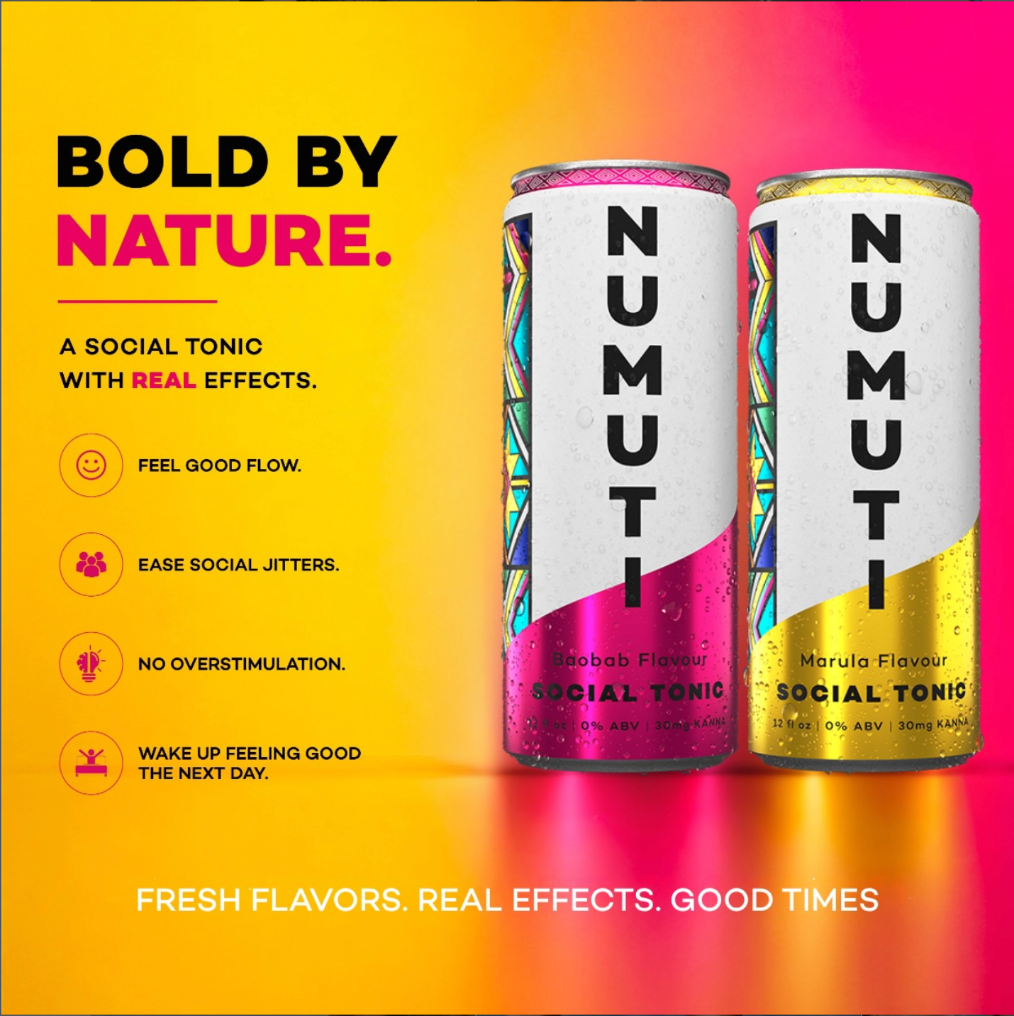 Baobab and Marula cans with Bold by Nature and Feel Good Flow messaging